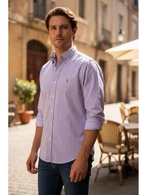 Polo Ralph Lauren Men's Shirt Poplin Stretch Classic Fit Purple White Striped L